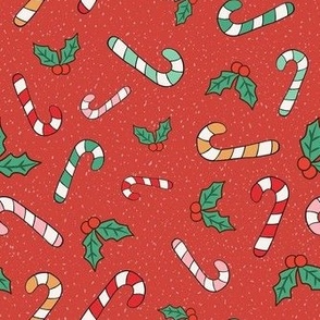 Medium Scale Candy Canes and Christmas Holly on Retro Red