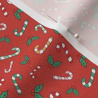 Small Scale Candy Canes and Christmas Holly on Retro Red