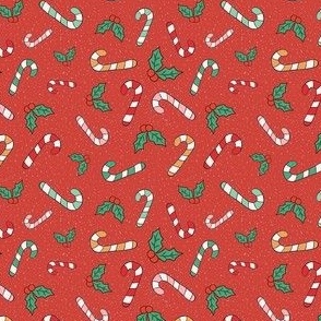 Small Scale Candy Canes and Christmas Holly on Retro Red