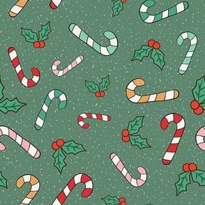 Medium Scale Candy Canes and Christmas Holly on Green