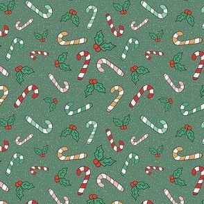 Small Scale Candy Canes and Christmas Holly on Green
