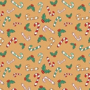 Small Scale Candy Canes and Christmas Holly on Gold