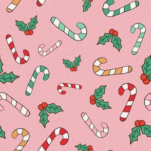 Large Scale Candy Canes and Christmas Holly on Pink