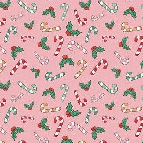 Small Scale Candy Canes and Christmas Holly on Pink