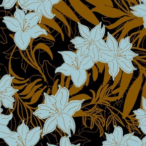 Retro Floral - Aqua Brown on Black