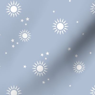 Sun & Stars - lovely boho mystic style universe theme white on baby blue ice winter