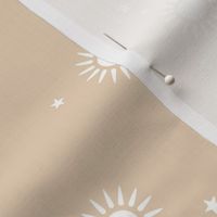 Sun & Stars - lovely boho mystic style universe theme white on tan beige sand neutral earthy tones