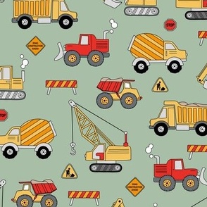 Under construction - vehicles for construction workers crane cement truck fork lift and bulldozers cool kids design orange yellow red on pale green