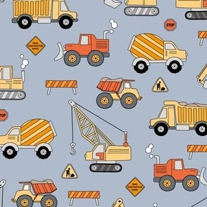 Under construction - vehicles for construction workers crane cement truck fork lift and bulldozers cool kids design orange yellow on ice blue moody gray