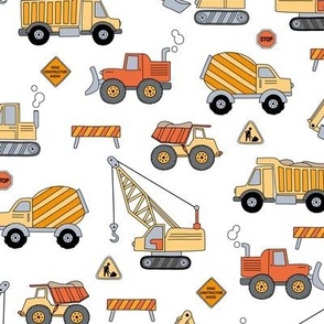Under construction - vehicles for construction workers crane cement truck fork lift and bulldozers cool kids design vintage red orange yellow on white