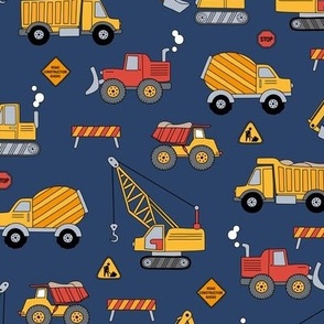 Under construction - vehicles for construction workers crane cement truck fork lift and bulldozers cool kids design red orange yellow on navy blue