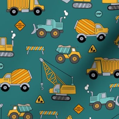 Under construction - vehicles for construction workers crane cement truck fork lift and bulldozers cool kids design yellow teal blue on sea green