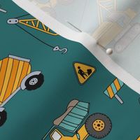 Under construction - vehicles for construction workers crane cement truck fork lift and bulldozers cool kids design yellow teal blue on sea green