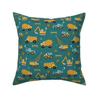 Under construction - vehicles for construction workers crane cement truck fork lift and bulldozers cool kids design yellow teal blue on sea green