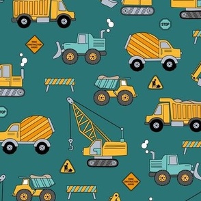 Under construction - vehicles for construction workers crane cement truck fork lift and bulldozers cool kids design yellow teal blue on sea green