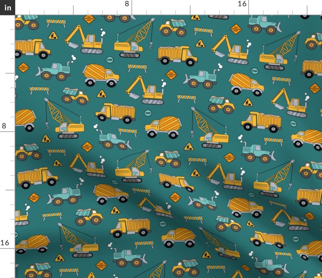 Under construction - vehicles for construction workers crane cement truck fork lift and bulldozers cool kids design yellow teal blue on sea green