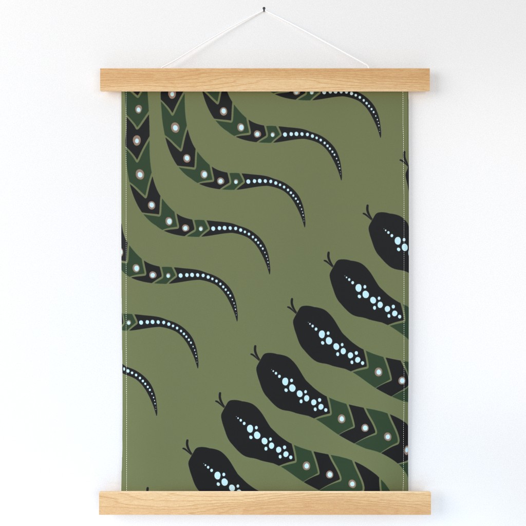 Snake Dance Green Diagonal Stripe large Wallpaper Fabric pattern