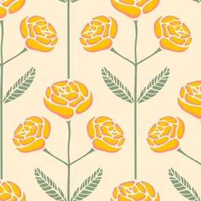 Lola Rose Symmetrical Retro Mid-Century Modern Floral in Cottage Yellow Orange Sage Green - LARGE Scale - Special Request - UnBlink Studio by Jackie Tahara