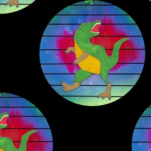  T Rex in Abstract Colored Circle with Lines Patterned on Black Background 