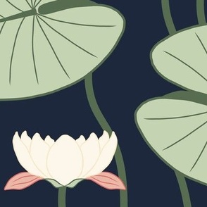 Large Art Nouveau Tranquil Water Lily Garden with Midnight Blue Background