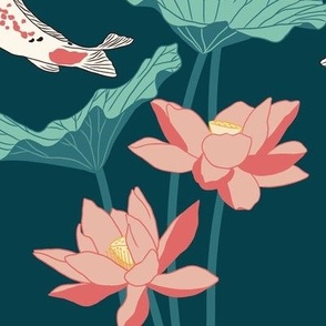Medium  Koi Fish Swimming Amongst Lotus Flowers with Incubi Darkness Cyan Teal Background