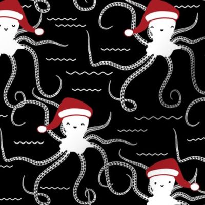 Cute Christmas Santa Octopus Black and white