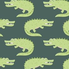 Alligator waters - wild crocodile buddies zoo animals lime green on moody green slate