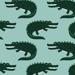 Alligator waters - wild crocodile buddies zoo animals pine green on teal blue