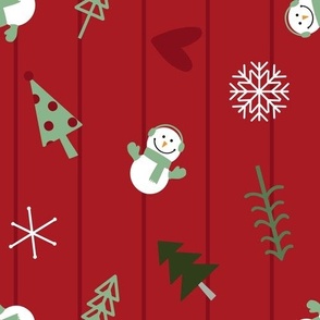 Snowmen and Christmas Trees on Red