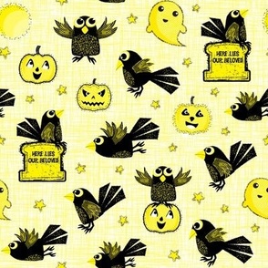 Cawing Crows with Ghosts and Pumpkins on Yellow