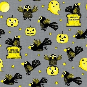 Cawing Crows with Ghosts and Pumpkins on Gray