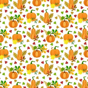 Orange pumpkins, berries, acorns, colorful autumn leaves, white background.