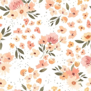 Water Color Spring Flowers and Leaves, Pink and Peach Florals, Large Scale