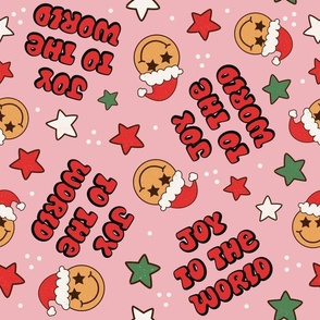Large Scale Joy To The World Groovy Christmas Smile Santas on Pink