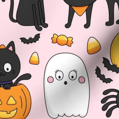 meow or treat LG halloween cats on pastel pink