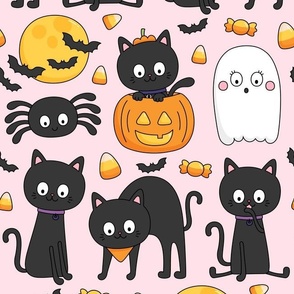 meow or treat LG halloween cats on pastel pink