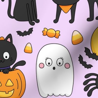 meow or treat LG halloween cats on pastel purple