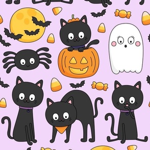 meow or treat LG halloween cats on pastel purple