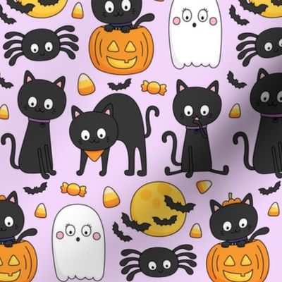 meow or treat MED halloween cats on pastel purple