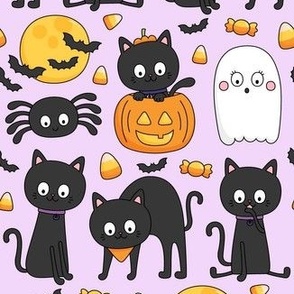 meow or treat MED halloween cats on pastel purple