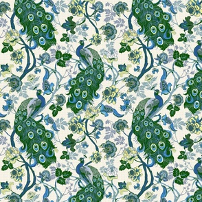 Chinoiserie Peacock Green and Blue - linen effect with yelllow