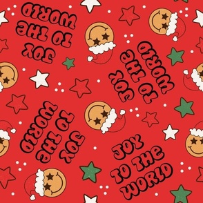  Large Scale Joy To The World Groovy Christmas Smile Santas on Retro Red