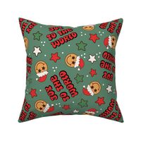 Large Scale Joy To The World Groovy Christmas Smile Santas on Pine Green