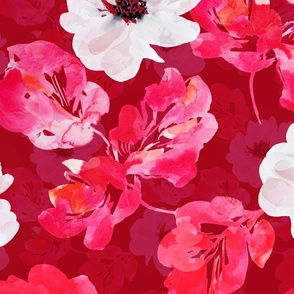 Anemones and Red pink fuscia large scale watercolor