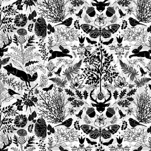 Frolicking Forest Friends (White and Black Damask)    
