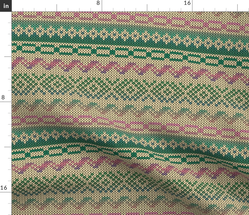 Six Fair Isle Bands in Subtle Pink and Greens on Cream