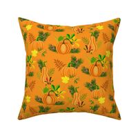 Orange pumpkins, berries, acorns, colourful autumn leaves, orange background.