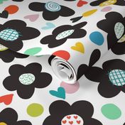 Black mod floral with rainbow spots and hearts | kids | medium midi  scale 