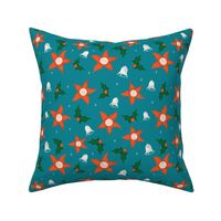 Poinsettia Christmas floral  Teal  Bells and mistletoes 