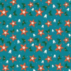 Poinsettia Christmas floral  Teal  Bells and mistletoes 